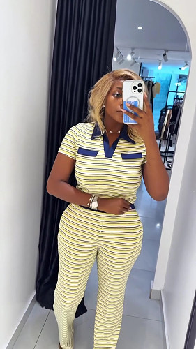 Casual Color-Blocked Collared Slim-Fit Short-Sleeve Top and Straight-Leg Pants Two-Piece Set QZ-8389
