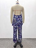Fashionable V-neck Slim Fit Printed Sleeveless Top and Straight Leg Pants Set QZ-8000