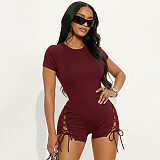 Fashionable Crew Neck Zipper Solid Color Ribbed Cross Tie Three-Quarter Jumpsuit XYWL-26RP027
