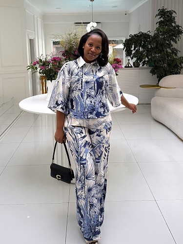 Casual Loose Collared Cardigan Printed Shirt and Trousers Two-Piece Set QZ-7712