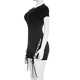 Fashionable Crew Neck Zipper Solid Color Ribbed Cross Tie Three-Quarter Jumpsuit XYWL-26RP027