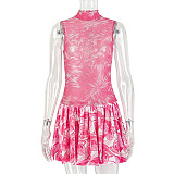Fashion Color-Blocked Print Zipper Sleeveless High-Neck A-Line Dress JY-303908