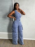 Sexy Off-Shoulder Fitted Waist Slim Fit Stretch Washed Denim Wide-Leg Jumpsuit JLX-3583