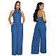 Sexy High-Stretch Denim Backless Collar Sleeveless Wide-Leg Jumpsuit JLX-3582