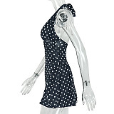 Fashion Polka Dot Print Deep V-Neck Sleeveless Halter Neck Fitted A-line Short Dress JY-303552