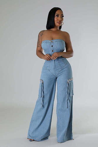 Fashionable Strapless Slim Fit Denim Jumpsuit JLX-6998