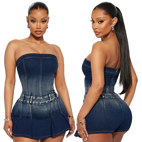 Sexy Strapless Off-Shoulder Fitted Waist Slimming High Stretch Washed Denim Dress JLX-6991