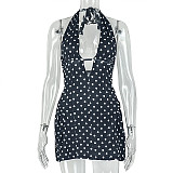 Fashion Polka Dot Print Deep V-Neck Sleeveless Halter Neck Fitted A-line Short Dress JY-303552