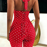 Fashion Halter Neck Polka Dot Fishbone Zipper Waist-cinching Capri Jumpsuit TK-6350