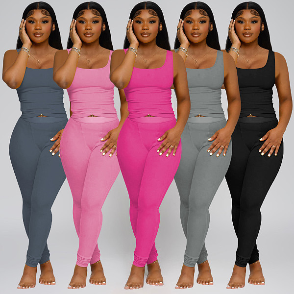 Fashion Ribbed Solid Color Vest and Trousers Two-Piece Set YD-00821