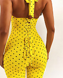 Fashion Halter Neck Polka Dot Fishbone Zipper Waist-cinching Capri Jumpsuit TK-6350