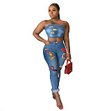 Sexy New Cartoon Appliqué Rolled-Up Jeans Set OSM-SJ3283