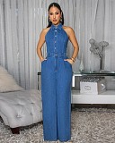 Sexy High-Stretch Denim Backless Collar Sleeveless Wide-Leg Jumpsuit JLX-3582