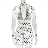 Fashion Polka Dot Print Deep V-Neck Sleeveless Halter Neck Fitted A-line Short Dress JY-303552