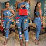 Sexy New Cartoon Appliqué Rolled-Up Jeans Set OSM-SJ3283