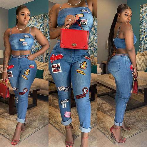 Sexy New Cartoon Appliqué Rolled-Up Jeans Set OSM-SJ3283