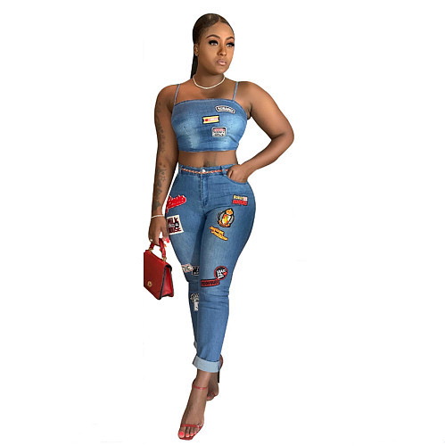 Sexy New Cartoon Appliqué Rolled-Up Jeans Set OSM-SJ3283