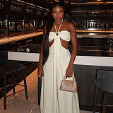 Sexy Hot Girl Hollow-Out Halter Neck Tie-Waist Loose Jumpsuit XS-90011