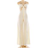 Sexy Hot Girl Hollow-Out Halter Neck Tie-Waist Loose Jumpsuit XS-90011