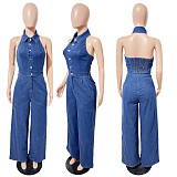 Sexy High-Stretch Denim Backless Collar Sleeveless Wide-Leg Jumpsuit JLX-3582