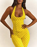Fashion Halter Neck Polka Dot Fishbone Zipper Waist-cinching Capri Jumpsuit TK-6350