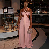 Sexy Hot Girl Hollow-Out Halter Neck Tie-Waist Loose Jumpsuit XS-90011