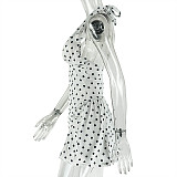 Fashion Polka Dot Print Deep V-Neck Sleeveless Halter Neck Fitted A-line Short Dress JY-303552
