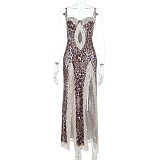 Summer Sexy Leopard Print Lace Slit Slip Dress SUM-25162