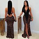 Fashion Deep V-neck Halter Neck Front Slit Leopard Print Hollow Back Dress RS-2709