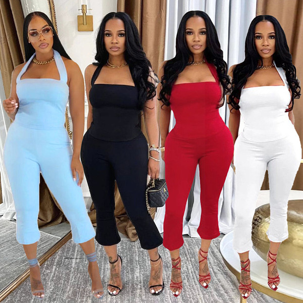 Fashion Backless Halter Neck Tank Top and Capri Pants Set NY-7542