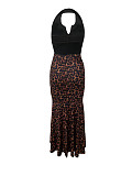 Fashion Deep V-neck Halter Neck Front Slit Leopard Print Hollow Back Dress RS-2709