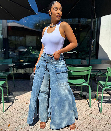 Fashionable Symmetrical Slit Faux Two-Piece Jeans RS-60306