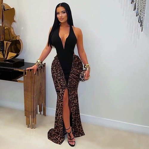 Fashion Deep V-neck Halter Neck Front Slit Leopard Print Hollow Back Dress RS-2709