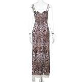 Summer Sexy Leopard Print Lace Slit Slip Dress SUM-25162