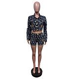 New Fashionable Slim Fit Printed Embroidered Long-Sleeved Shorts Set MEM-88680