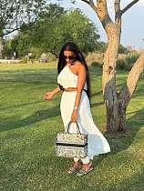 Fashion White Pleated Halter Neck Strapless Top and Skirt Set QZ-7815