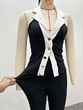 Fashionable Slim Fit Elegant Sleeveless Color Block Cardigan Vest Top and Shorts Two-Piece Set QZ-6453