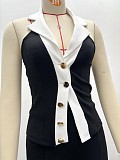 Fashionable Slim Fit Elegant Sleeveless Color Block Cardigan Vest Top and Shorts Two-Piece Set QZ-6453