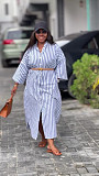 New Fashion Striped Cardigan Three-Quarter Sleeve Shirt Collar Dress QZ-7398