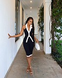 Fashionable Slim Fit Elegant Sleeveless Color Block Cardigan Vest Top and Shorts Two-Piece Set QZ-6453