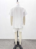 Casual Solid Color Cardigan Short-Sleeve Shirt Tie-Waist Shorts Two-Piece Set QZ-7990