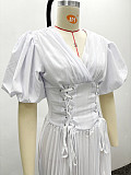 Fashionable V-neck Puff Sleeve Tie Waist Solid Color Dress QZ-5845
