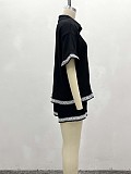 Casual Color Block Collared Short-Sleeve Shirt and Shorts Two-Piece Set QZ-5132