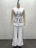 Fashionable Color-Blocked Pocket Tie-Waist Vest Cardigan and Trousers Set QZ-5496