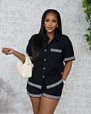 Casual Color Block Collared Short-Sleeve Shirt and Shorts Two-Piece Set QZ-5132
