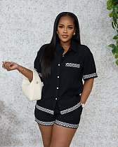 Casual Color Block Collared Short-Sleeve Shirt and Shorts Two-Piece Set QZ-5132