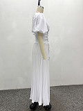 Fashionable V-neck Puff Sleeve Tie Waist Solid Color Dress QZ-5845