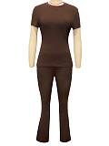 Casual Retro Brown Fitted High-Waisted Slimming Short-Sleeve Pants Set RS-391481