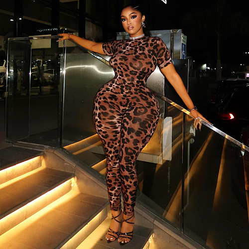 Fashion Leopard Print Slim Fit Short-Sleeve Jumpsuit JY-006285