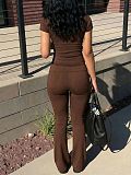 Casual Retro Brown Fitted High-Waisted Slimming Short-Sleeve Pants Set RS-391481